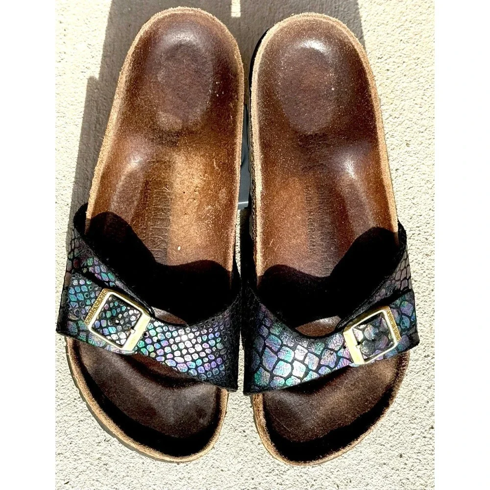 ⁠Birkenstock Madrid Black Metallic Python Snake Sandals Sz 38 Gold Buckle